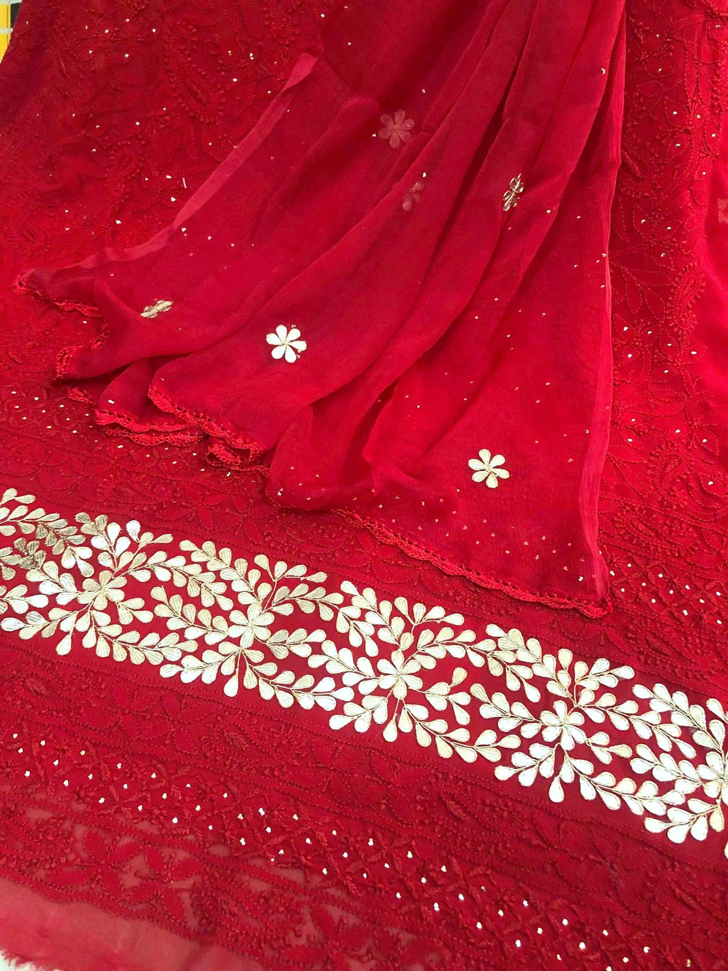 Red Gota Patti Daaman Chikankari Suit