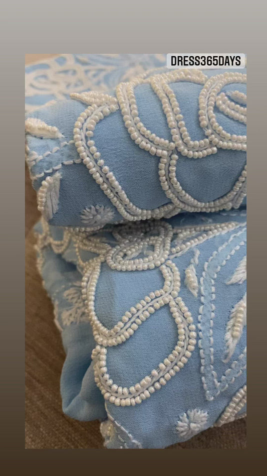 Powder Blue Pearl Lucknowi Chikankari Suit