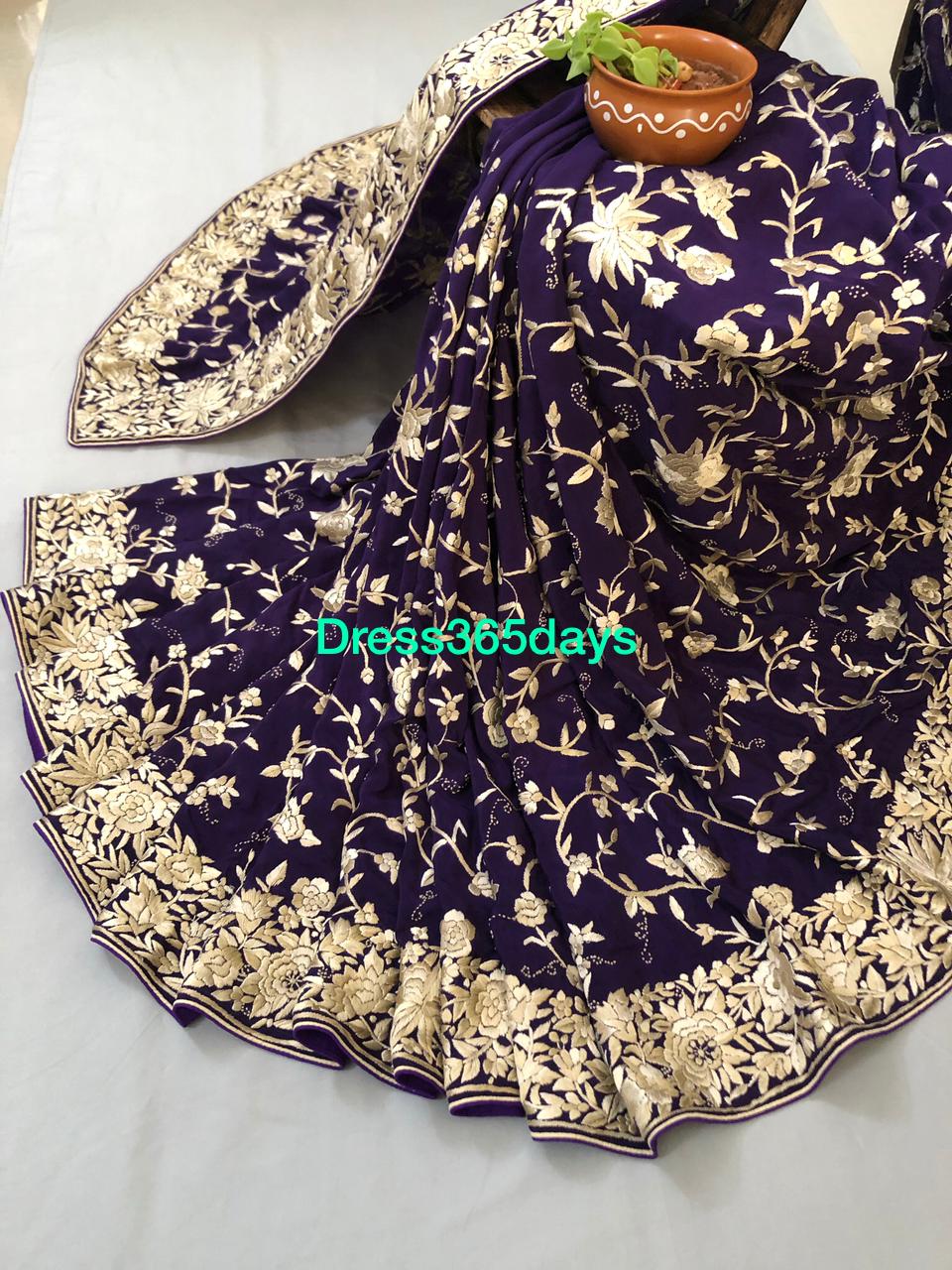 Pre-order Purple & Ivory Pure Crepe Hand Embroidered Parsi Gara Saree