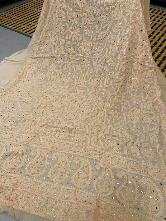 Beige Viscose Georgette Chikan Mukaish Kurti Fabric - Dress365days