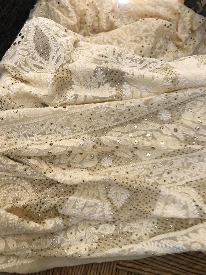 Beige All Over Jaal Chikankari Mukaish Saree - Dress365days