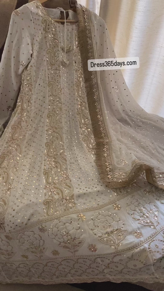 Ivory Partywear Pearl & Mukaish Anarkali Suit- Eid Collection