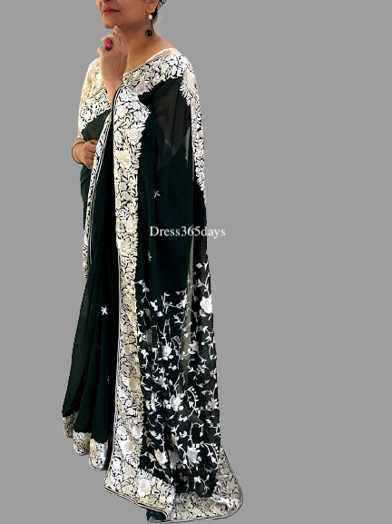 Bottle Green & Ivory Parsi Gara Saree - Dress365days