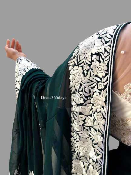 Bottle Green & Ivory Parsi Gara Saree - Dress365days