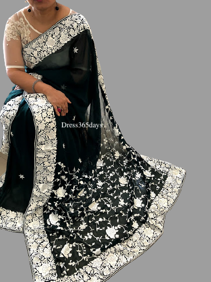 Bottle Green & Ivory Parsi Gara Saree - Dress365days