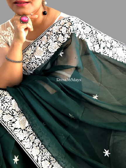 Bottle Green & Ivory Parsi Gara Saree - Dress365days