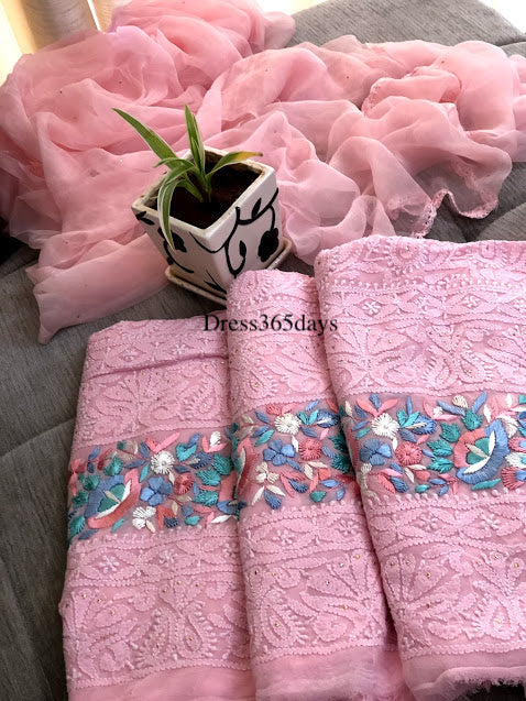 Pink Chikankari Suit with Mukaish and Parsi Embroidered Daaman
