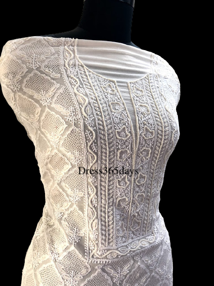 Ivory Hand Jaali & Pearls Lucknowi Chikankari Suit - Dress365days