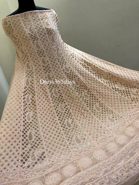Light Peach Ring Mukaish Chikankari Anarkali Suit - Dress365days