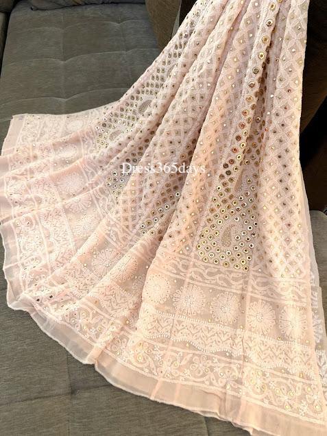 Light Peach Ring Mukaish Chikankari Anarkali Suit - Dress365days