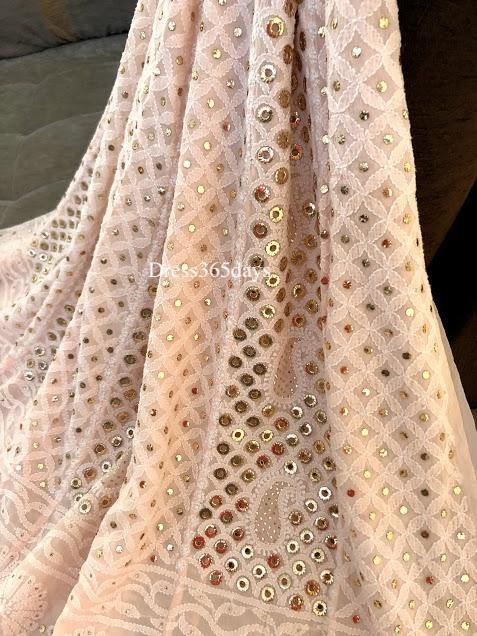 Light Peach Ring Mukaish Chikankari Anarkali Suit - Dress365days