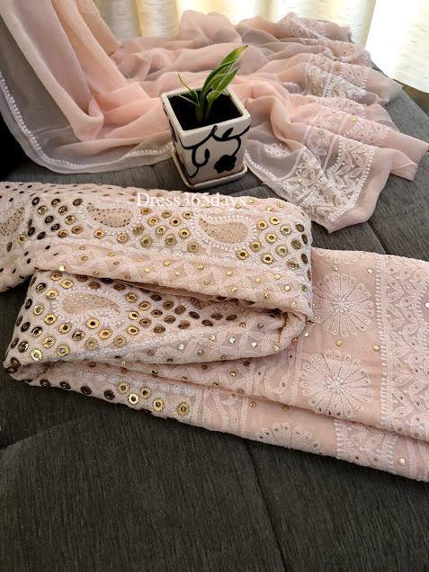 Light Peach Ring Mukaish Chikankari Anarkali Suit - Dress365days