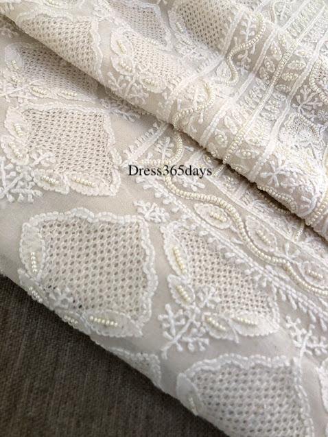 Ivory Hand Jaali & Pearls Lucknowi Chikankari Suit - Dress365days