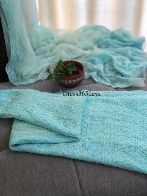 Sea Green Hand Embroidered Net Chikankari Anarkali - Dress365days