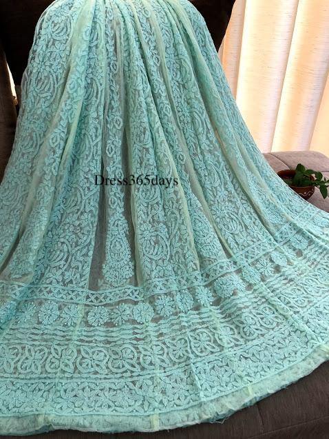Sea Green Hand Embroidered Net Chikankari Anarkali - Dress365days