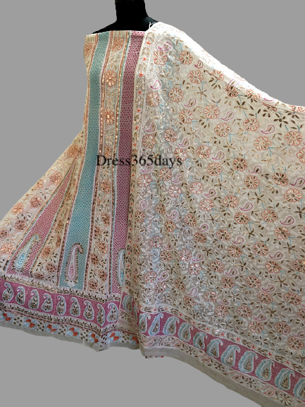 Multicolour Chikankari Anarkali Suit & Embroidered Dupatta (Three Piece) - Dress365days