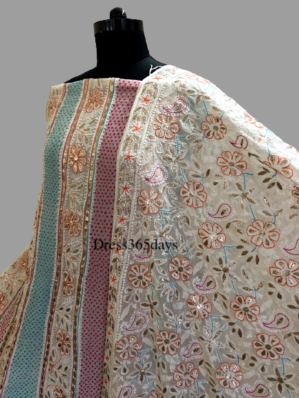 Multicolour Chikankari Anarkali Suit & Embroidered Dupatta (Three Piece) - Dress365days