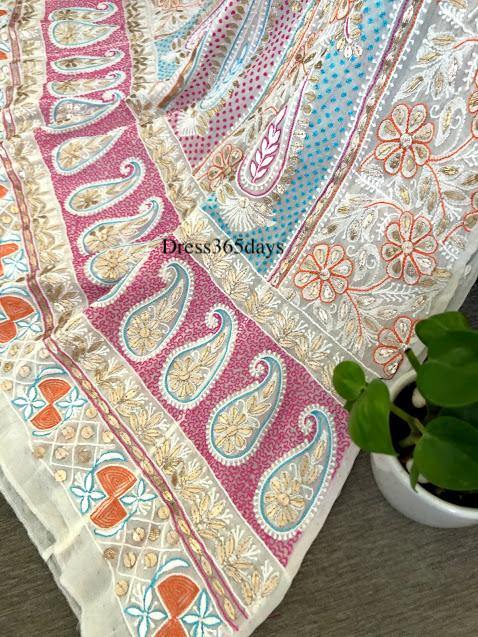 Multicolour Chikankari Anarkali Suit & Embroidered Dupatta (Three Piece) - Dress365days