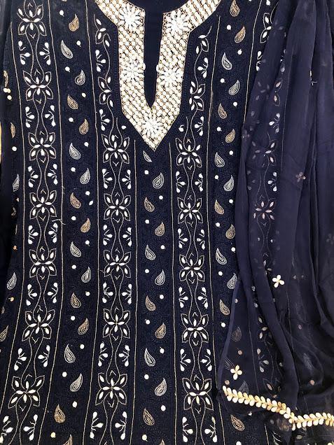 Navy Gota patti Neckline Chikankari Suit - Dress365days