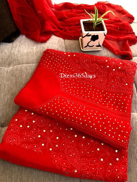 Red Georgette Mukaish Lucknowi Suit - Dress365days