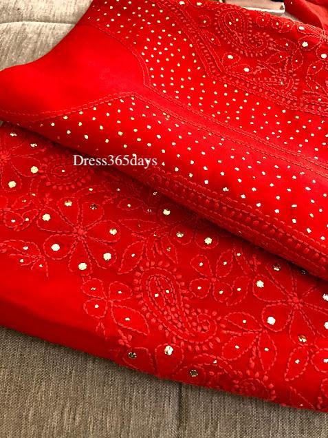 Red Georgette Mukaish Lucknowi Suit - Dress365days