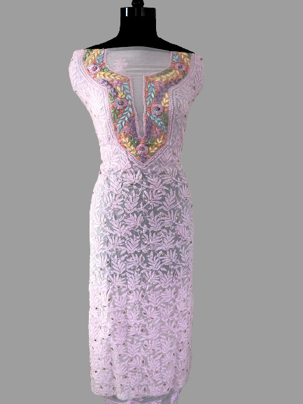 Powder Pink Multicolour Neckline Chikankari Suit - Dress365days
