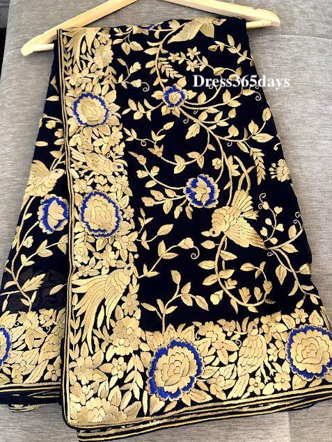 Navy & Gold Parsi Gara Hand Embroidered Saree - Dress365days