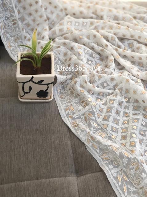 White Lucknowi Chikankari Gota Patti Dupatta - Dress365days