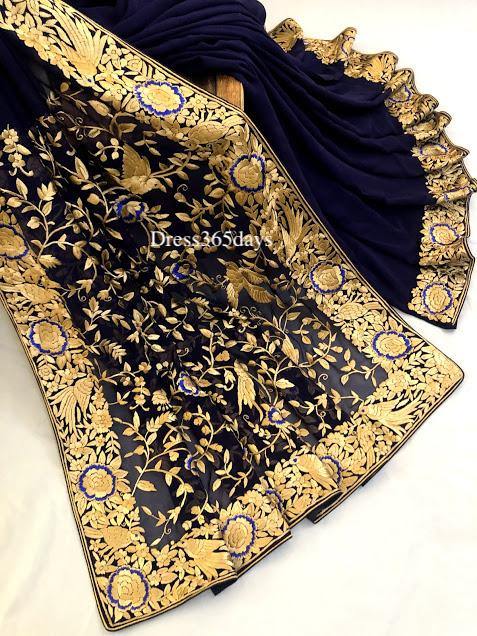 Navy & Gold Parsi Gara Hand Embroidered Saree - Dress365days