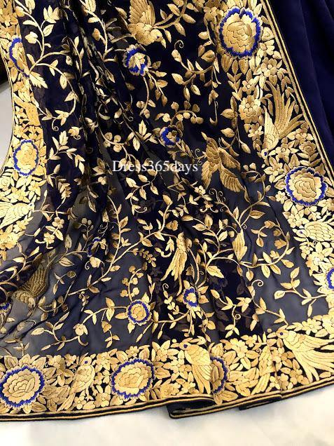 Navy & Gold Parsi Gara Hand Embroidered Saree - Dress365days