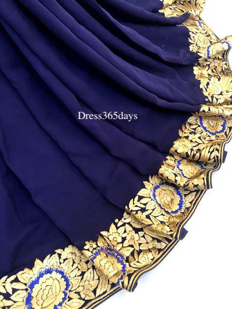 Navy & Gold Parsi Gara Hand Embroidered Saree - Dress365days