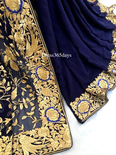 Navy & Gold Parsi Gara Hand Embroidered Saree - Dress365days