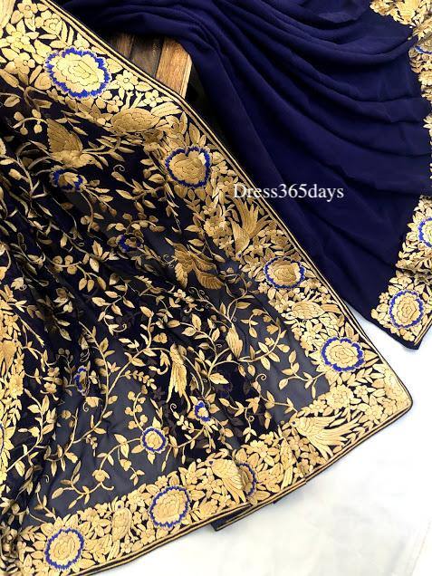 Navy & Gold Parsi Gara Hand Embroidered Saree - Dress365days