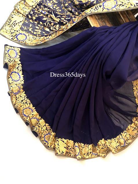 Navy & Gold Parsi Gara Hand Embroidered Saree - Dress365days