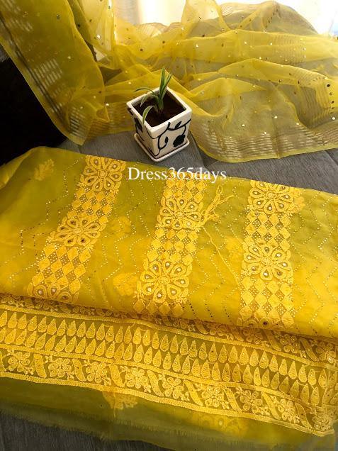 Yellow Organza Mukaish Chikankari Suit - Dress365days