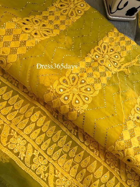 Yellow Organza Mukaish Chikankari Suit - Dress365days