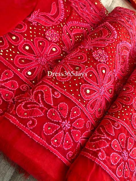 Red Organza Mukaish Chikankari Suit - Dress365days