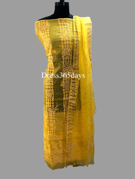Yellow Organza Mukaish Chikankari Suit - Dress365days