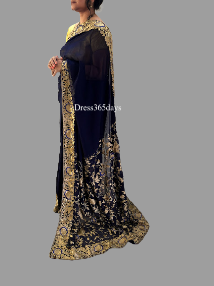 Navy & Gold Parsi Gara Hand Embroidered Saree - Dress365days