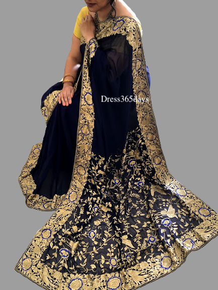 Navy & Gold Parsi Gara Hand Embroidered Saree - Dress365days