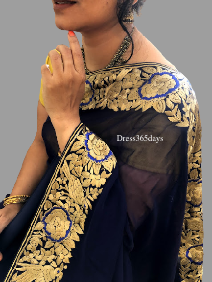 Navy & Gold Parsi Gara Hand Embroidered Saree - Dress365days