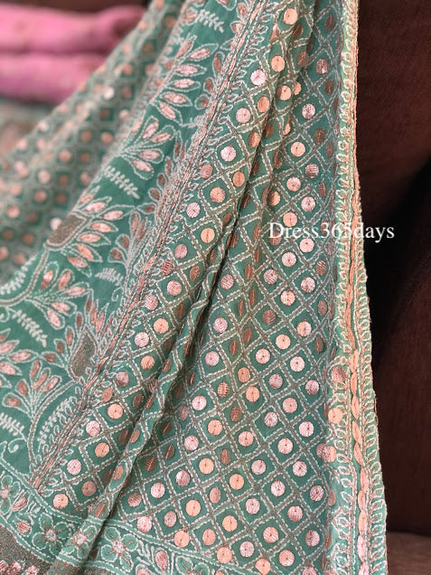 Green Lucknowi Chikankari Gota Patti Lehenga with Hot Pink Dupatta