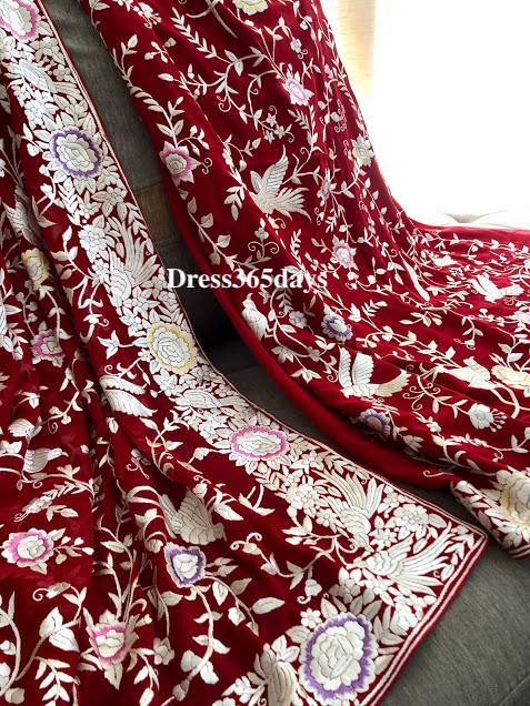 Red & Ivory Hand Embroideed Parsi Gara suit (Three Piece) Pre Order - Dress365days