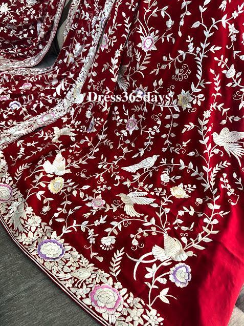 Red & Ivory Hand Embroideed Parsi Gara suit (Three Piece) Pre Order - Dress365days