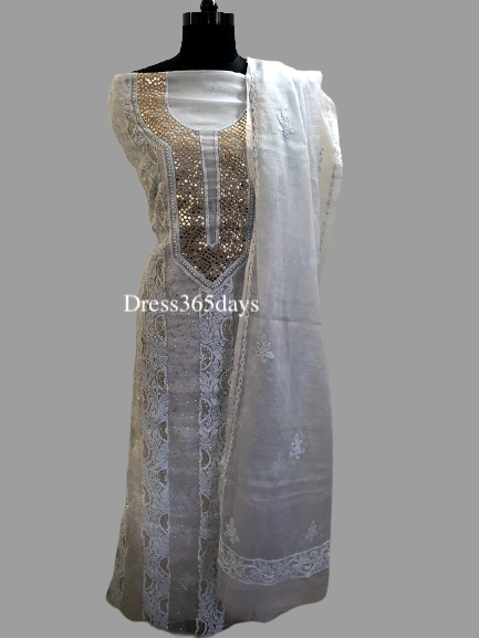 Light Grey Mukaish Chikankari Suit - Dress365days