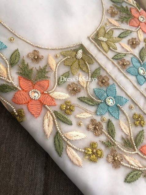 Organza Multicolour Neckline Chikankari Suit with Pearls - Dress365days