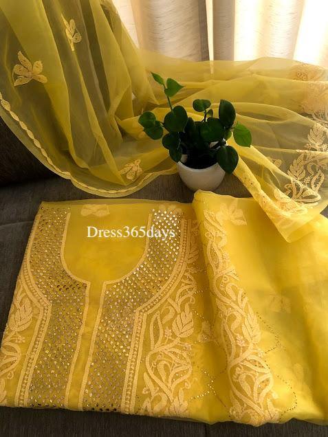 Yellow Organza Mukaish Neckline Chikankari Suit - Dress365days