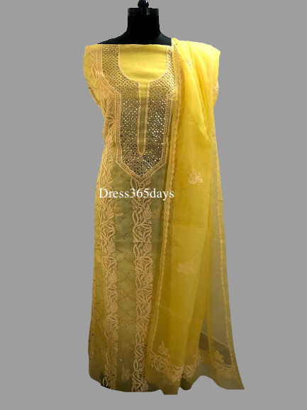 Yellow Organza Mukaish Neckline Chikankari Suit - Dress365days