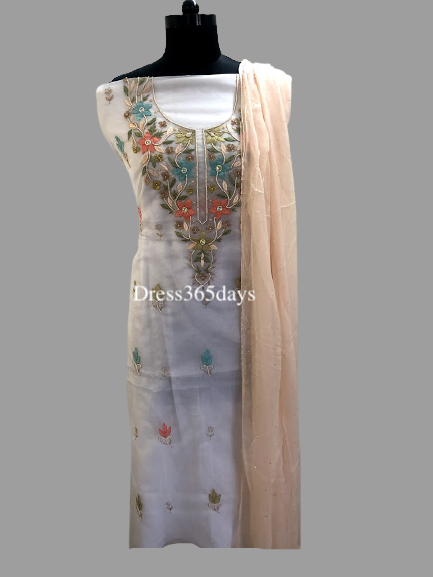 Organza Multicolour Neckline Chikankari Suit with Pearls - Dress365days