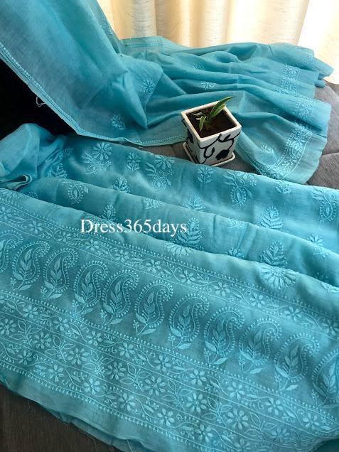 Bluish Green Chanderi Chikan Work Suit (Kurta and Dupatta) - Dress365days